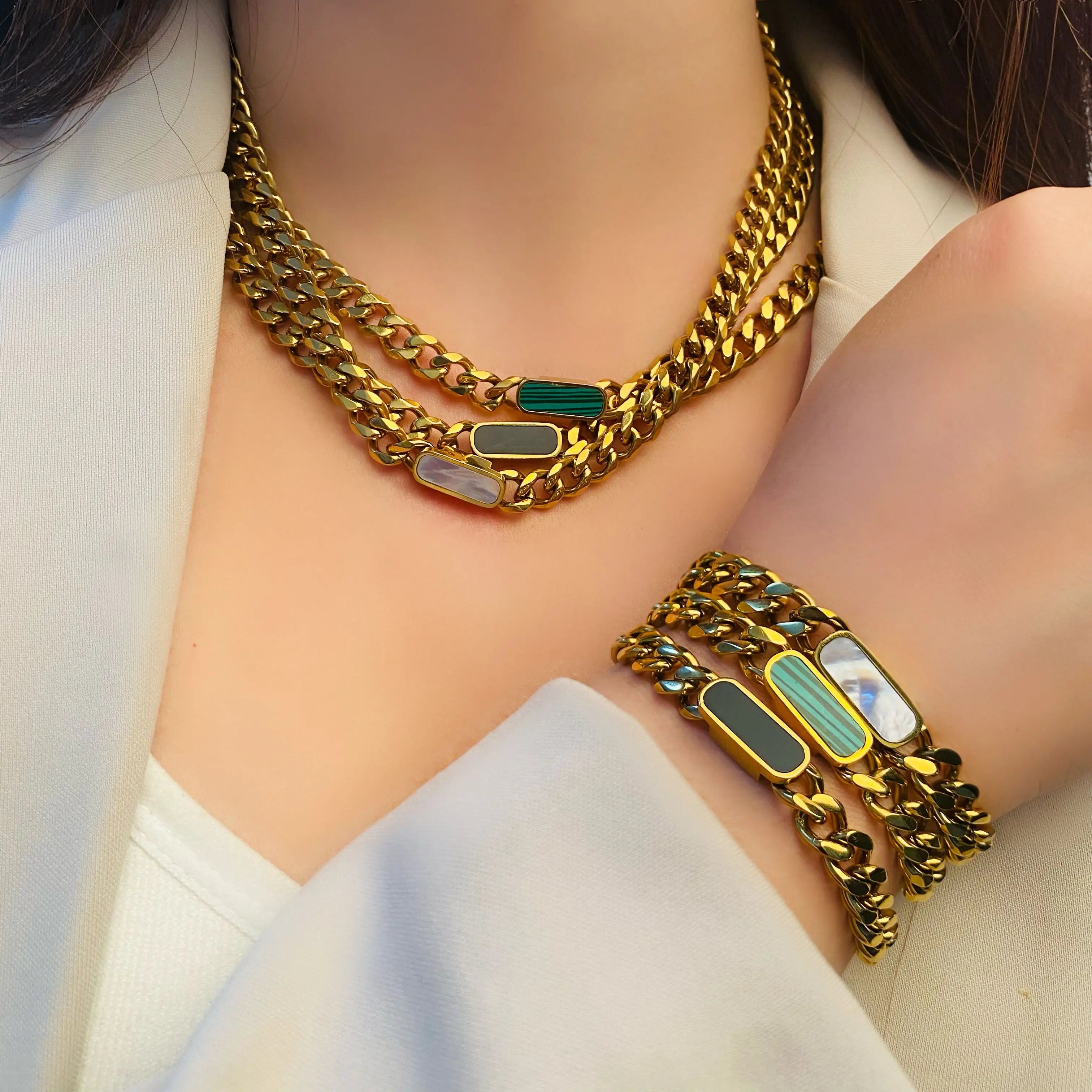 Plated Stainless Steel Turquoise Necklace and Bracelet Set