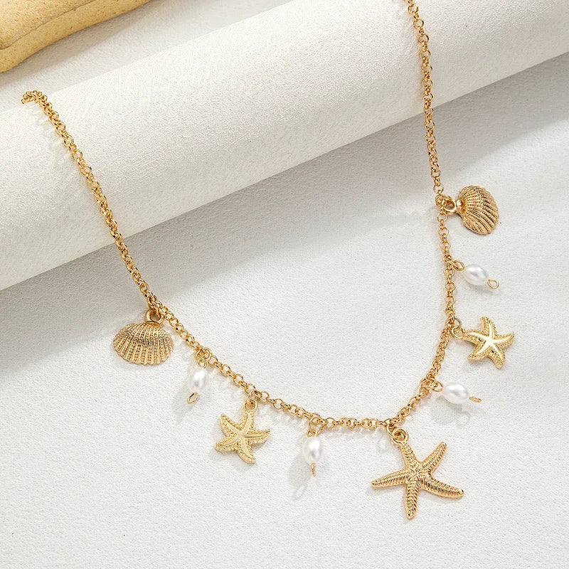 Starfish Pendant Shell Imitation Pearl Tassel Beach Element Alloy Necklace