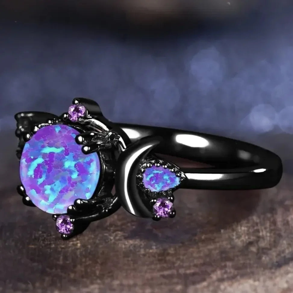 Fashion Female Round Purple Imitation Fire Opal Black Rings