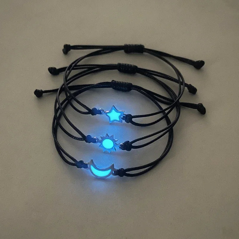 3 Pieces/set Of Stainless Steel Luminous Sun Moon Star Bracelet