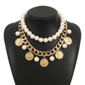 Chunky Gold Chain Pearl Choker Necklace Layered Coin Pendant Collar