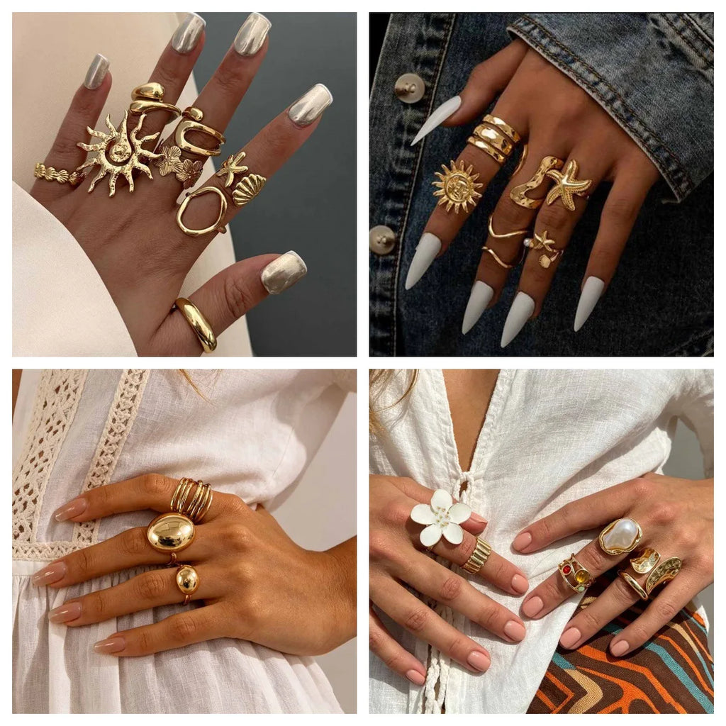 Celestial Gold Stacking Ring Set Geometric Star And Sun