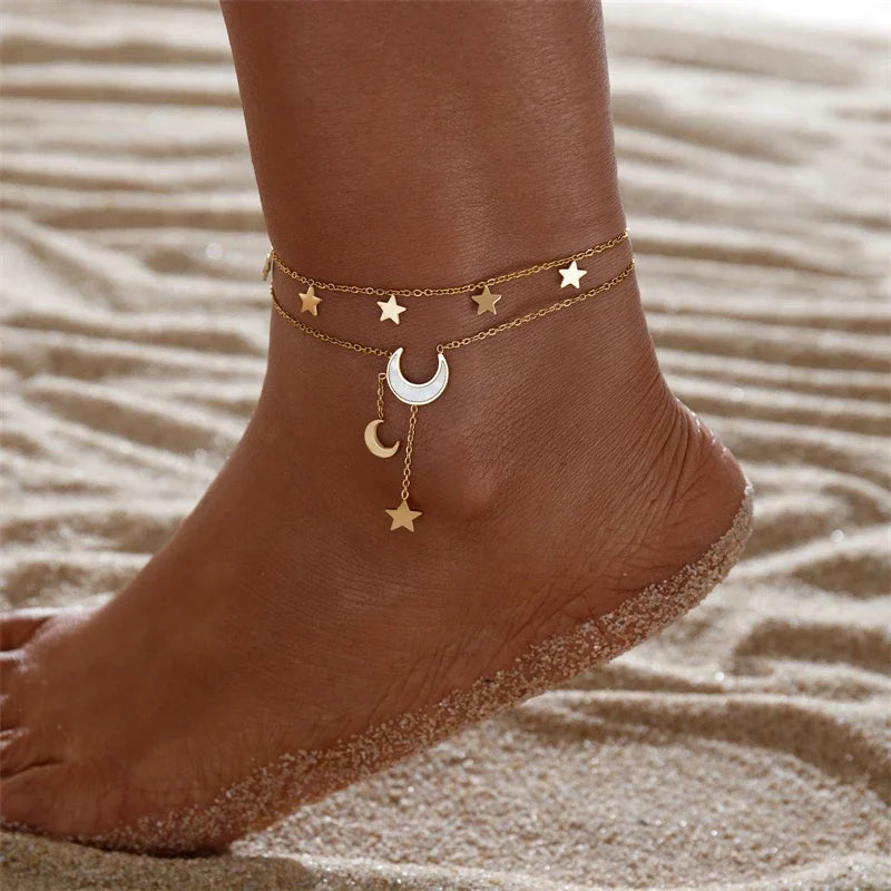 Stainless Steel New Fashion Jewelry Summer Beach Style Seashells Stars Moon Charm Beading Anklets Chain