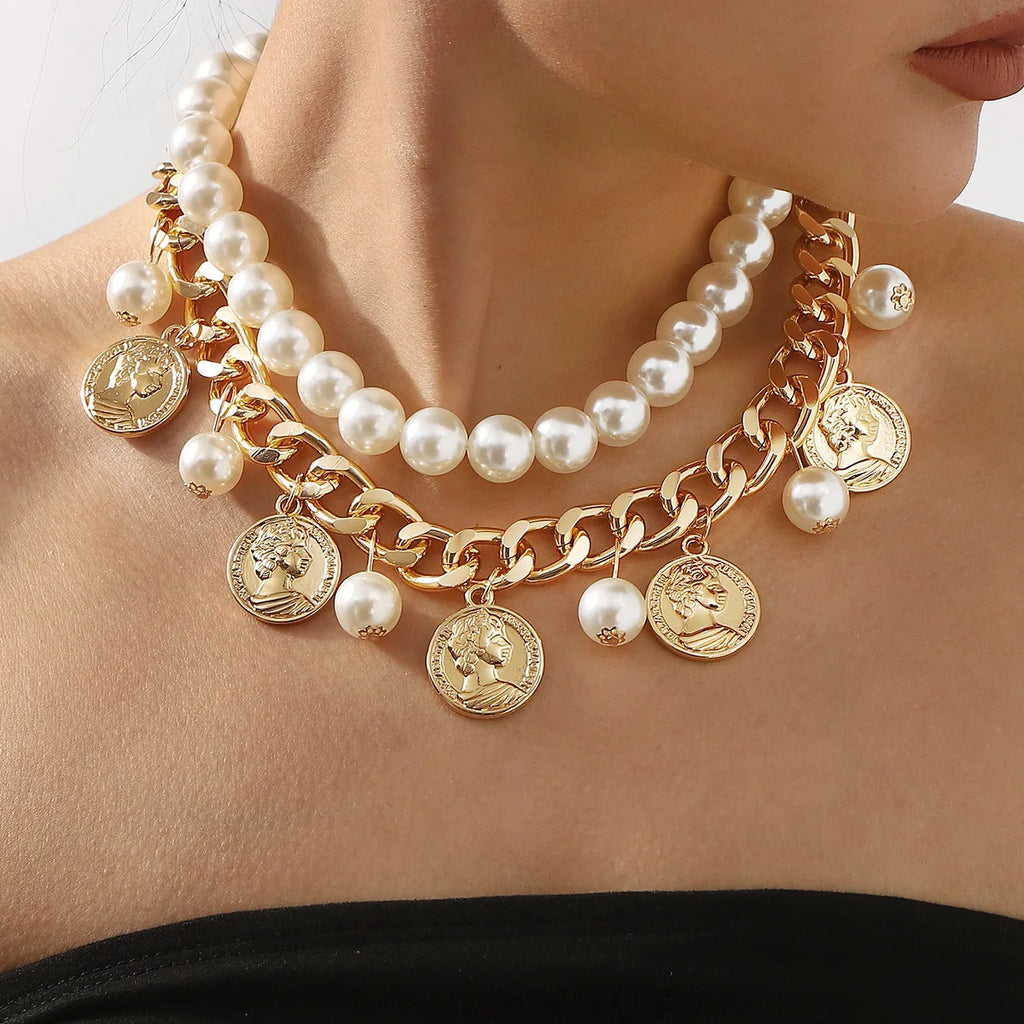 Chunky Gold Chain Pearl Choker Necklace Layered Coin Pendant Collar