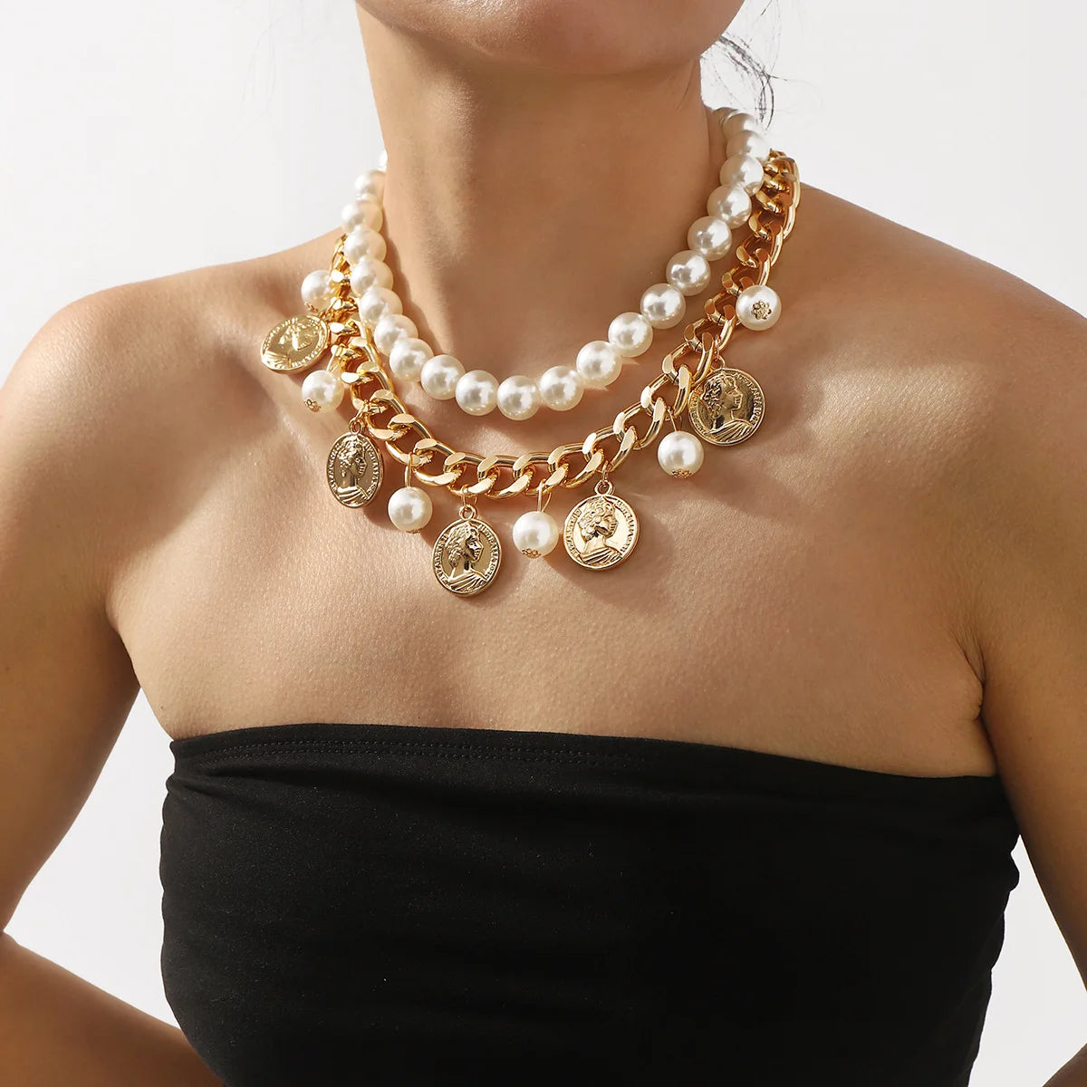 Chunky Gold Chain Pearl Choker Necklace Layered Coin Pendant Collar