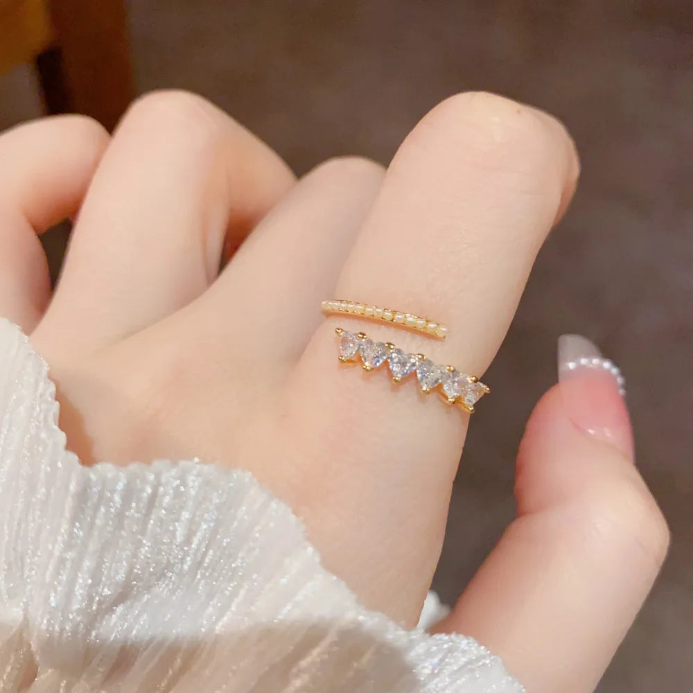 Minimalist Open Adjustable Finger Ring Tiny Pearl Row Heart Shaped