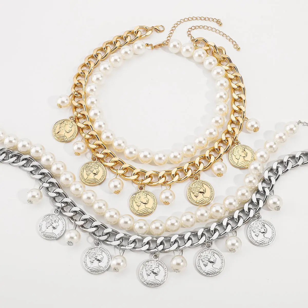 Chunky Gold Chain Pearl Choker Necklace Layered Coin Pendant Collar
