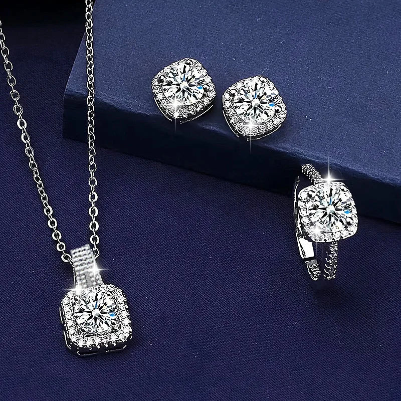 3pcs Set Luxury Brand Shiny Geometric Square Zircon Necklace Earring Rings