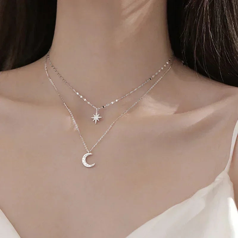 Silver Color Double Layer Star Moon Necklace