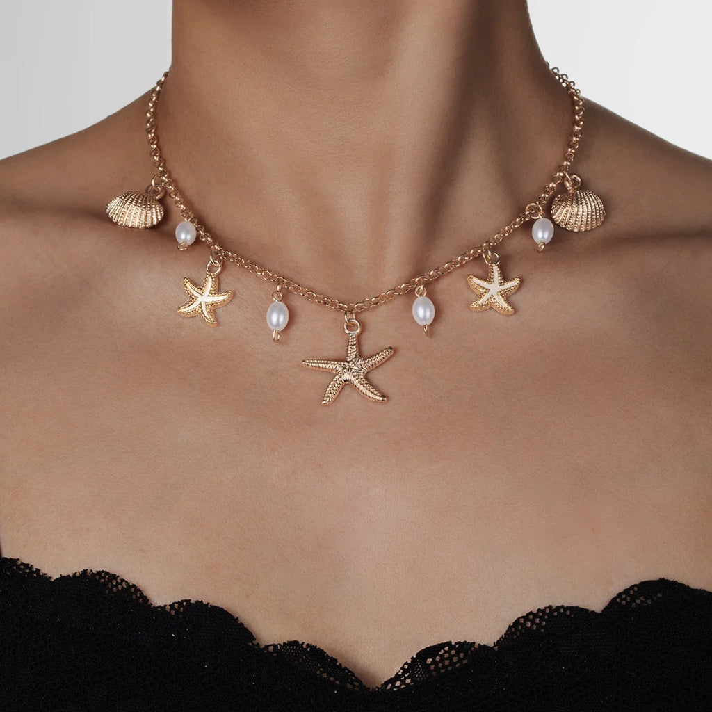 Starfish Pendant Shell Imitation Pearl Tassel Beach Element Alloy Necklace