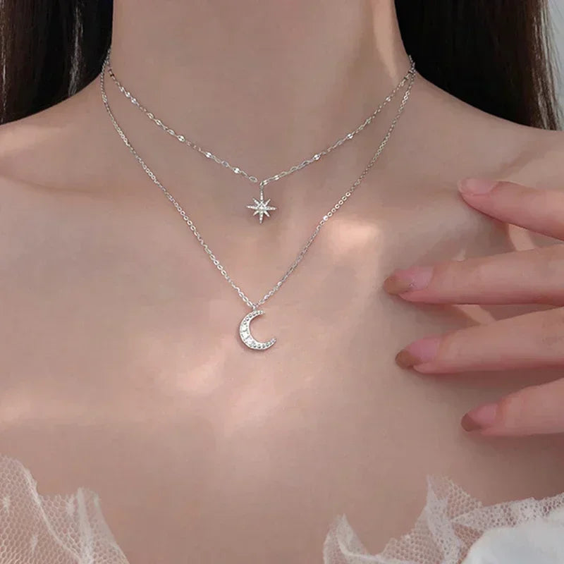 Silver Color Double Layer Star Moon Necklace