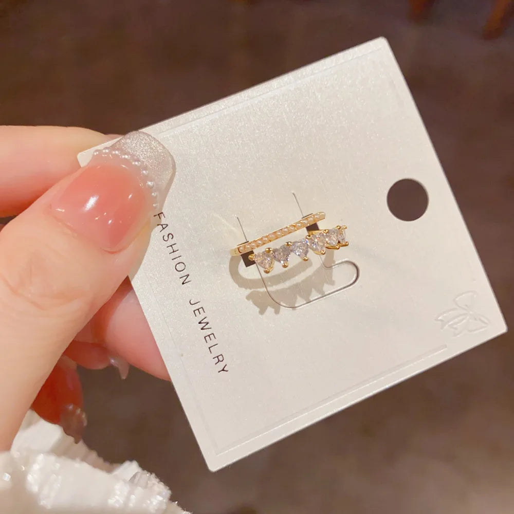 Minimalist Open Adjustable Finger Ring Tiny Pearl Row Heart Shaped