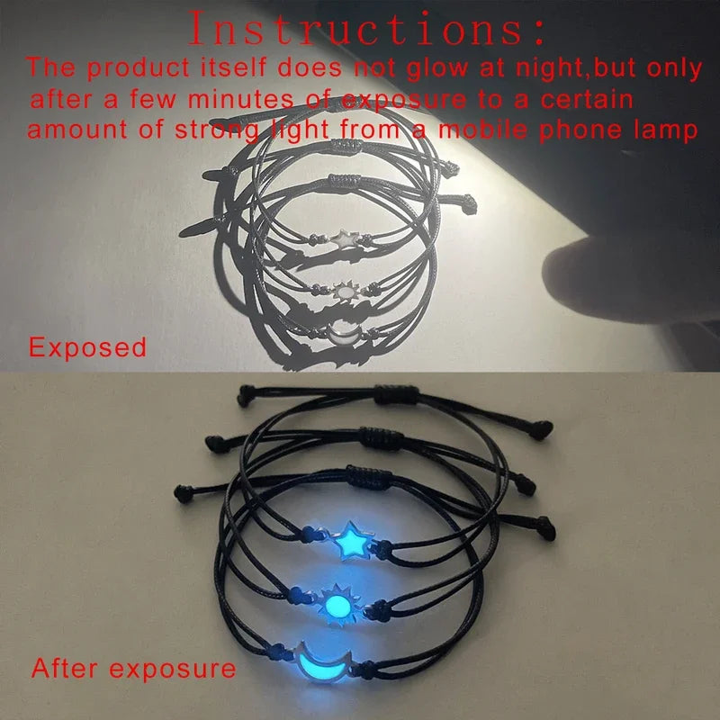 3 Pieces/set Of Stainless Steel Luminous Sun Moon Star Bracelet
