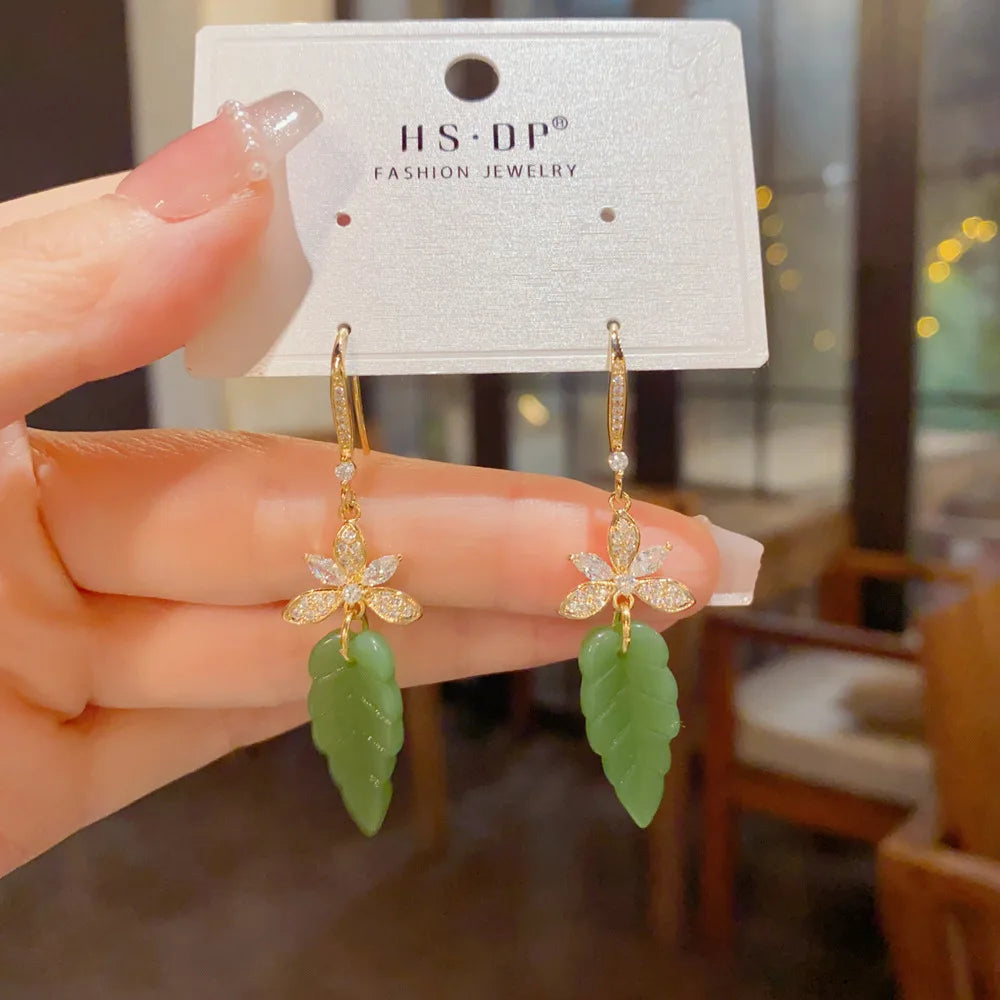 Carved Botanical Green Leaf Drop Ear Ring