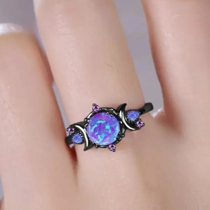 Fashion Female Round Purple Imitation Fire Opal Black Rings