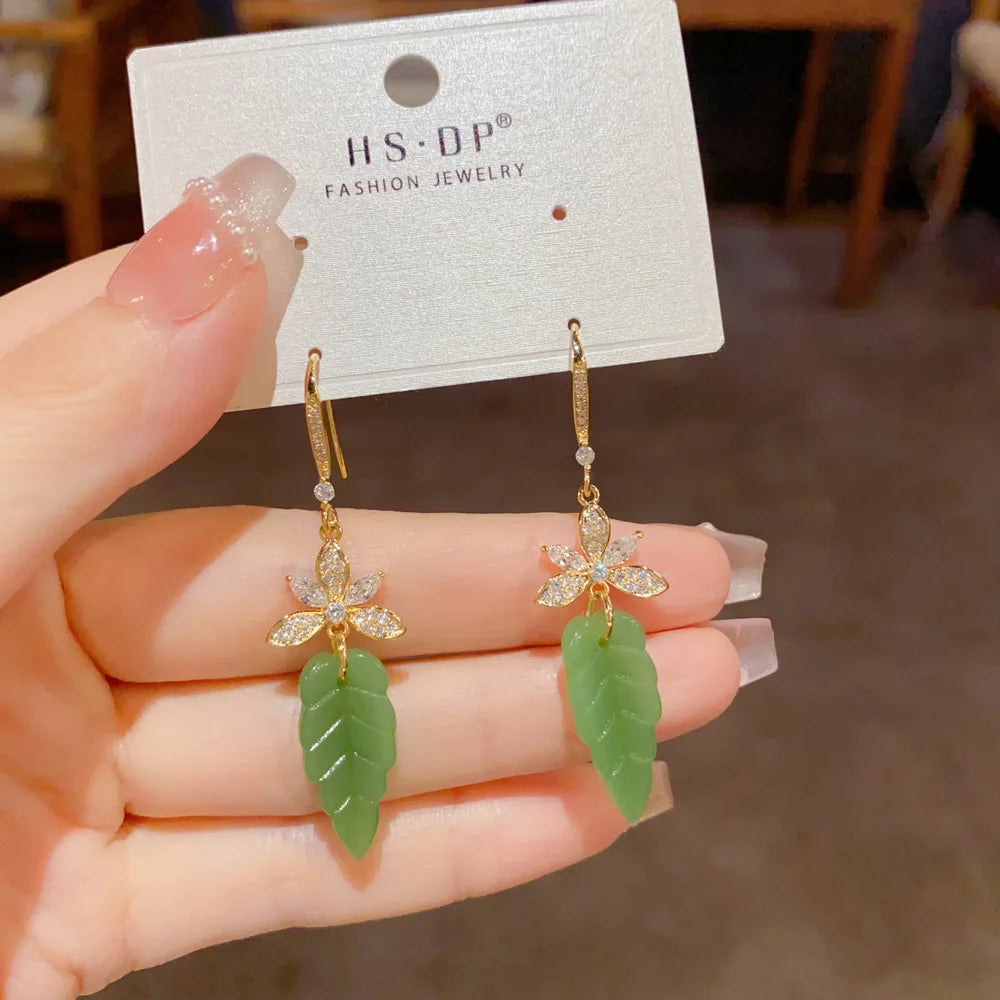 Carved Botanical Green Leaf Drop Ear Ring
