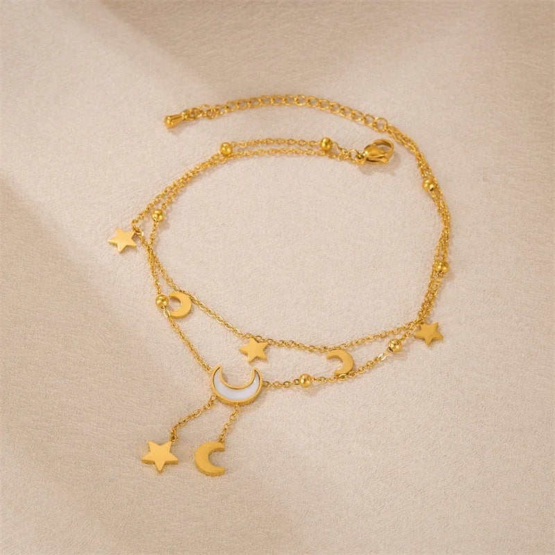 Stainless Steel New Fashion Jewelry Summer Beach Style Seashells Stars Moon Charm Beading Anklets Chain