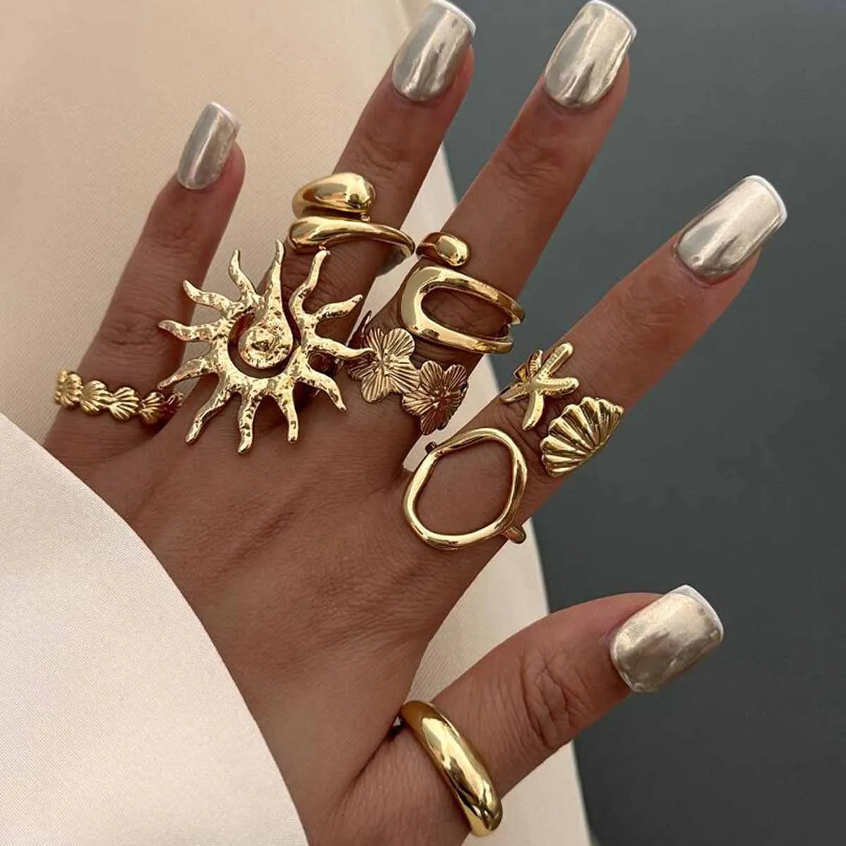 Celestial Gold Stacking Ring Set Geometric Star And Sun