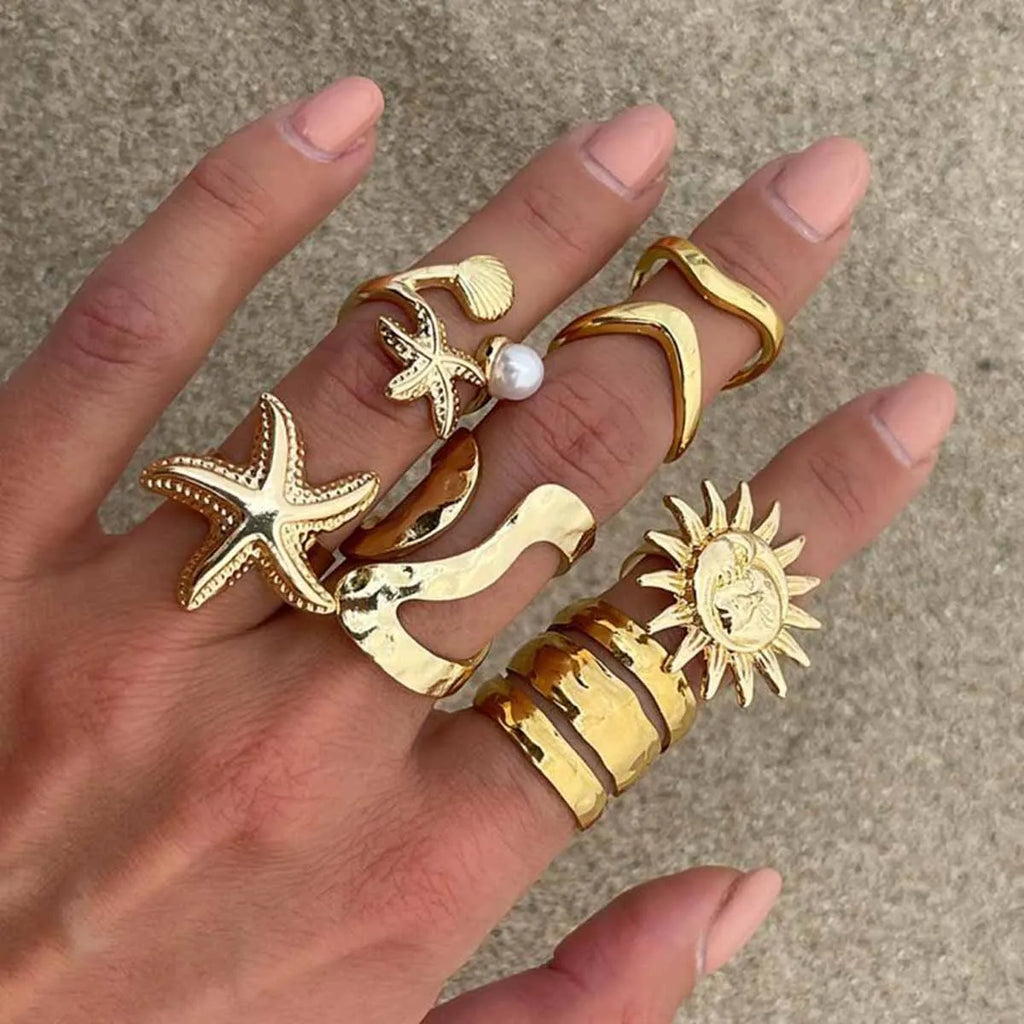 Celestial Gold Stacking Ring Set Geometric Star And Sun