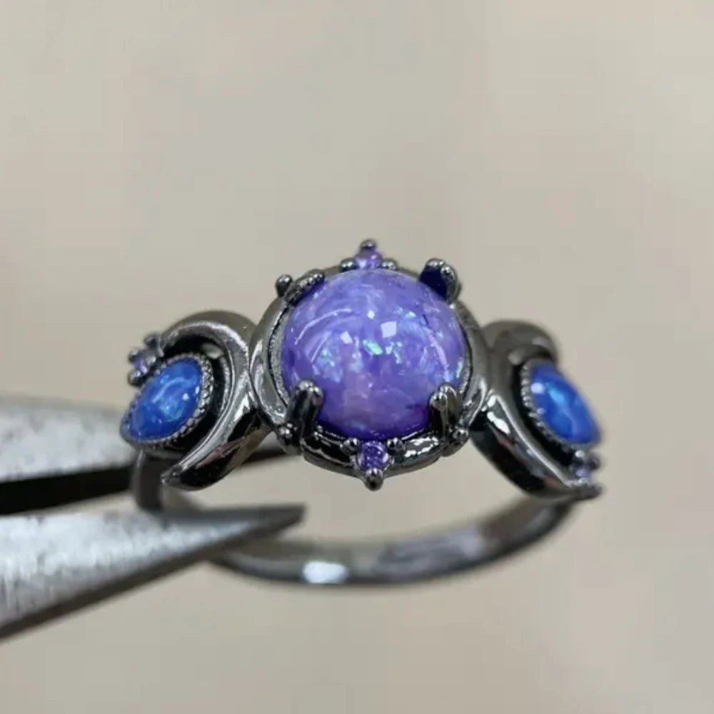 Fashion Female Round Purple Imitation Fire Opal Black Rings