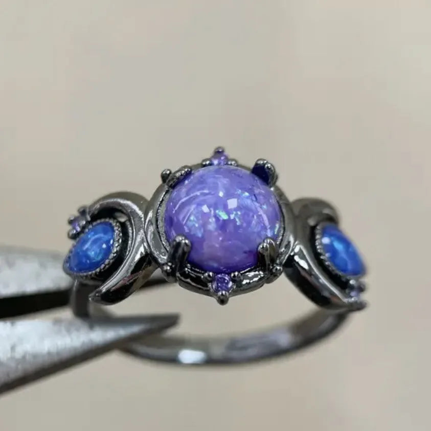 Fashion Female Round Purple Imitation Fire Opal Black Rings