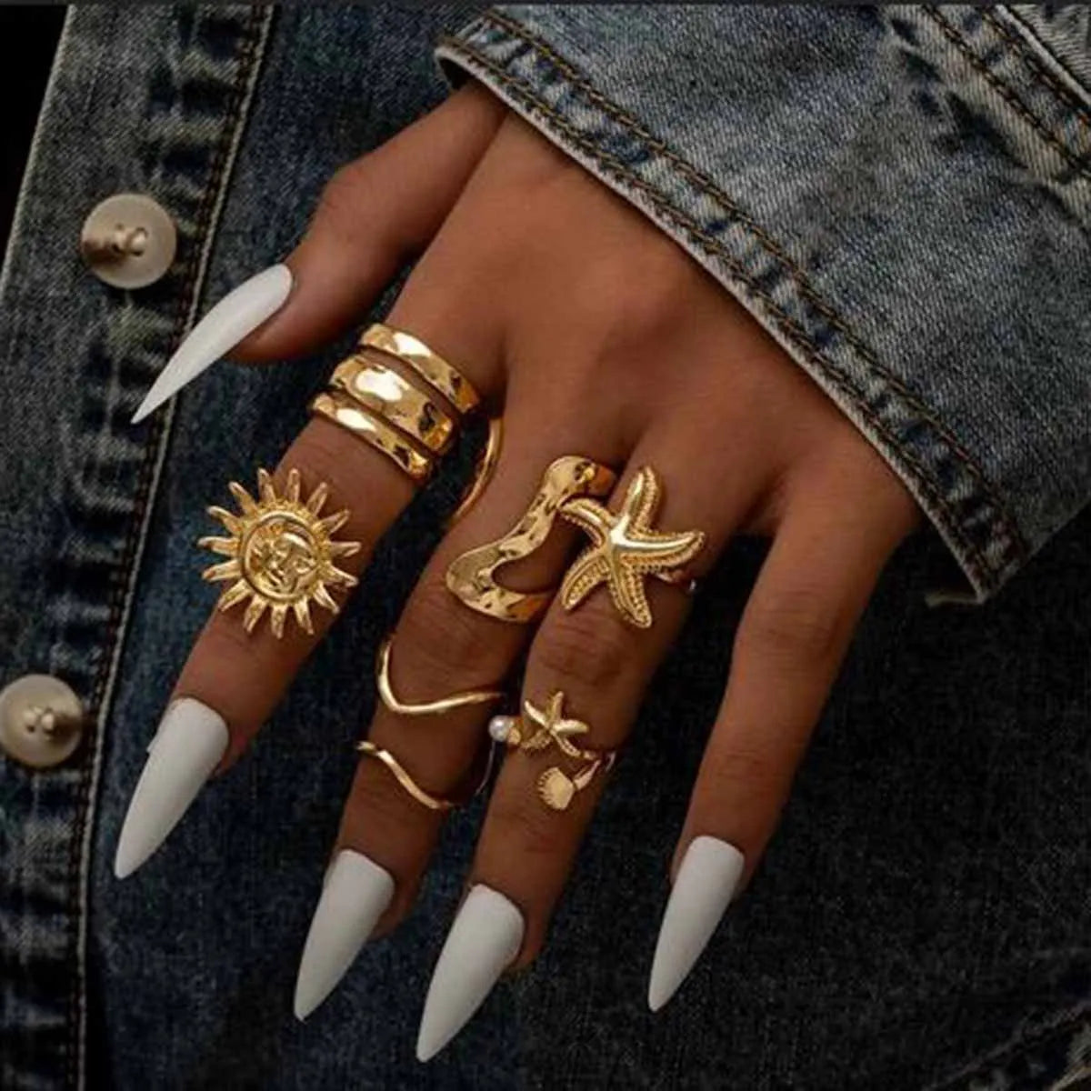 Celestial Gold Stacking Ring Set Geometric Star And Sun
