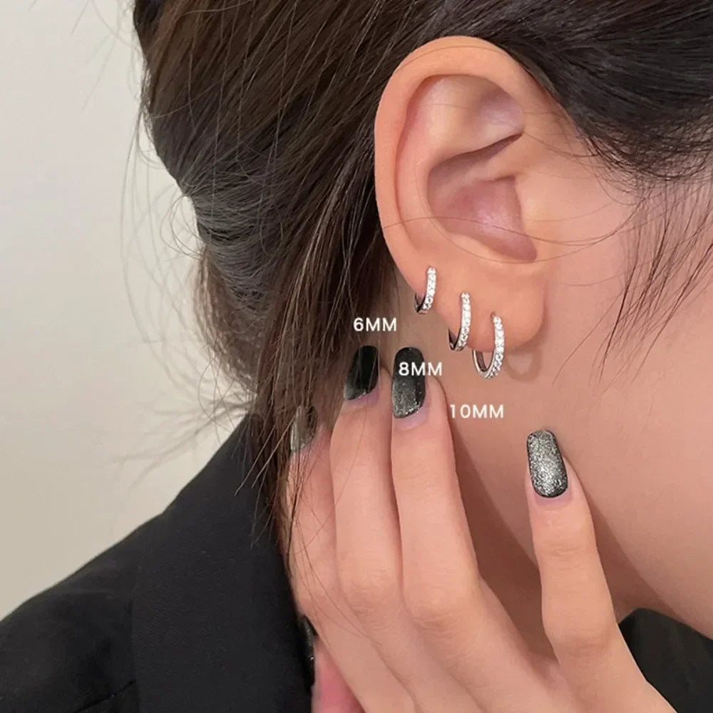 Classic Simple Silver Color Stainless Steel Zircon Hoop Earrings