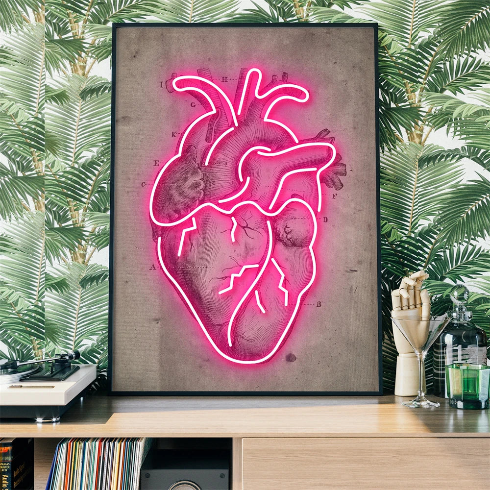 Neon Heart Illustration Art Print Poster Vintage Heart