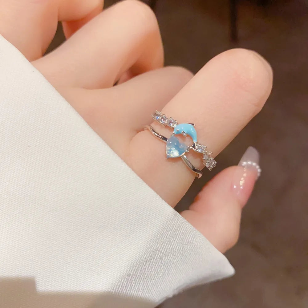 Layered Look Ring Aquatic Charm Sky Blue Hue Clear Heart