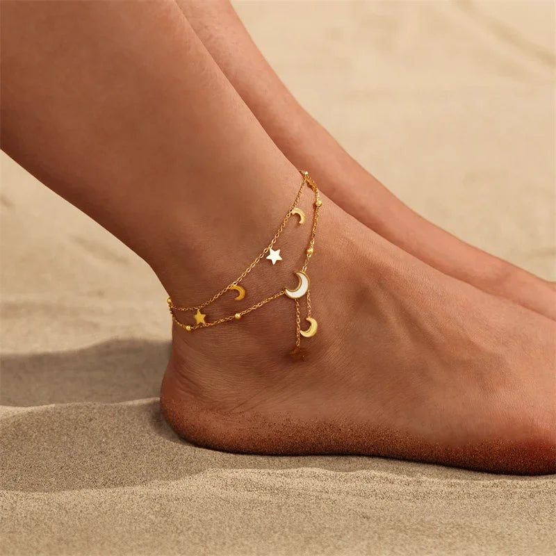 Stainless Steel New Fashion Jewelry Summer Beach Style Seashells Stars Moon Charm Beading Anklets Chain