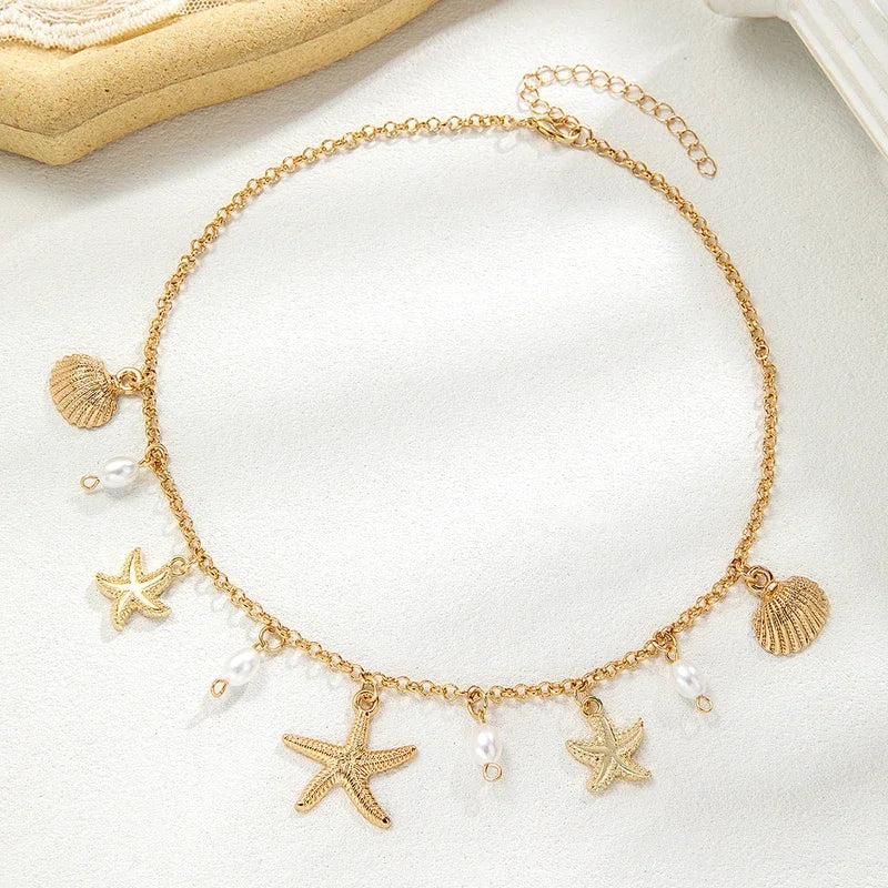 Starfish Pendant Shell Imitation Pearl Tassel Beach Element Alloy Necklace