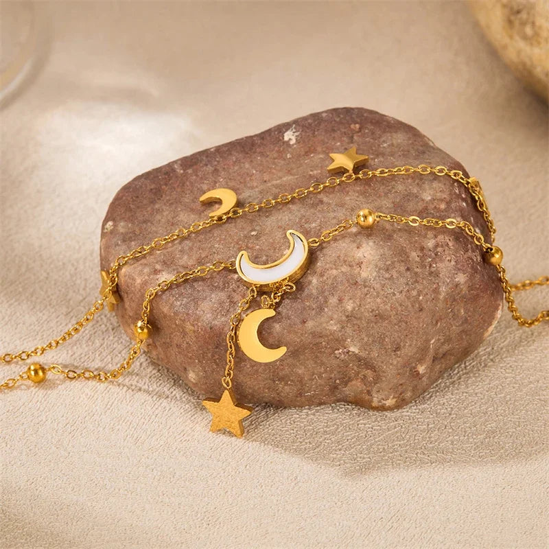 Stainless Steel New Fashion Jewelry Summer Beach Style Seashells Stars Moon Charm Beading Anklets Chain