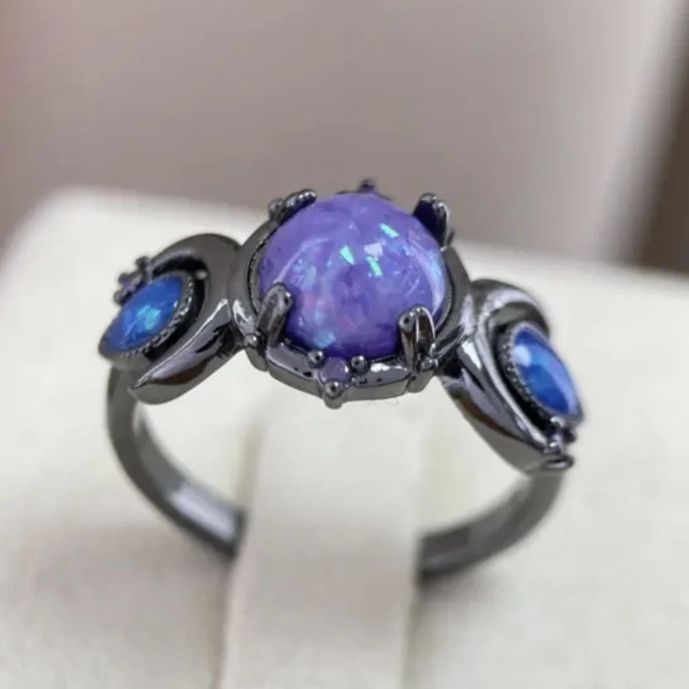 Fashion Female Round Purple Imitation Fire Opal Black Rings