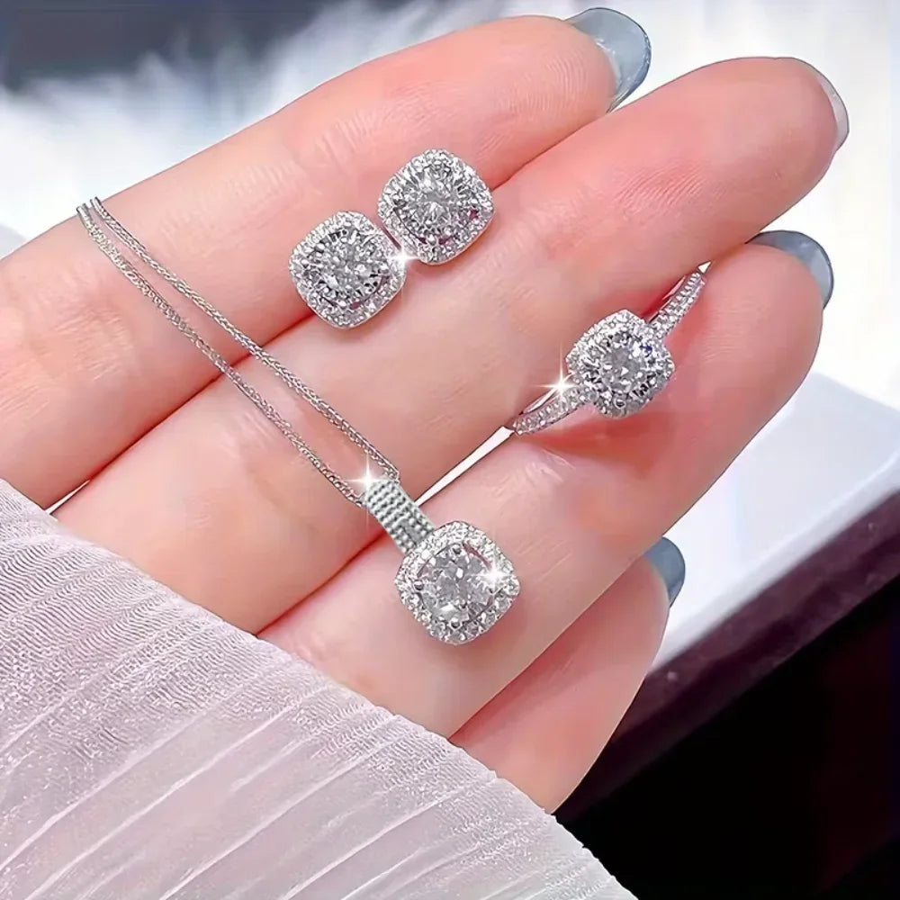 3pcs Set Luxury Brand Shiny Geometric Square Zircon Necklace Earring Rings