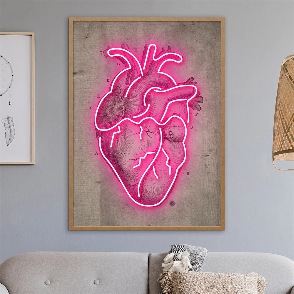 Neon Heart Illustration Art Print Poster Vintage Heart