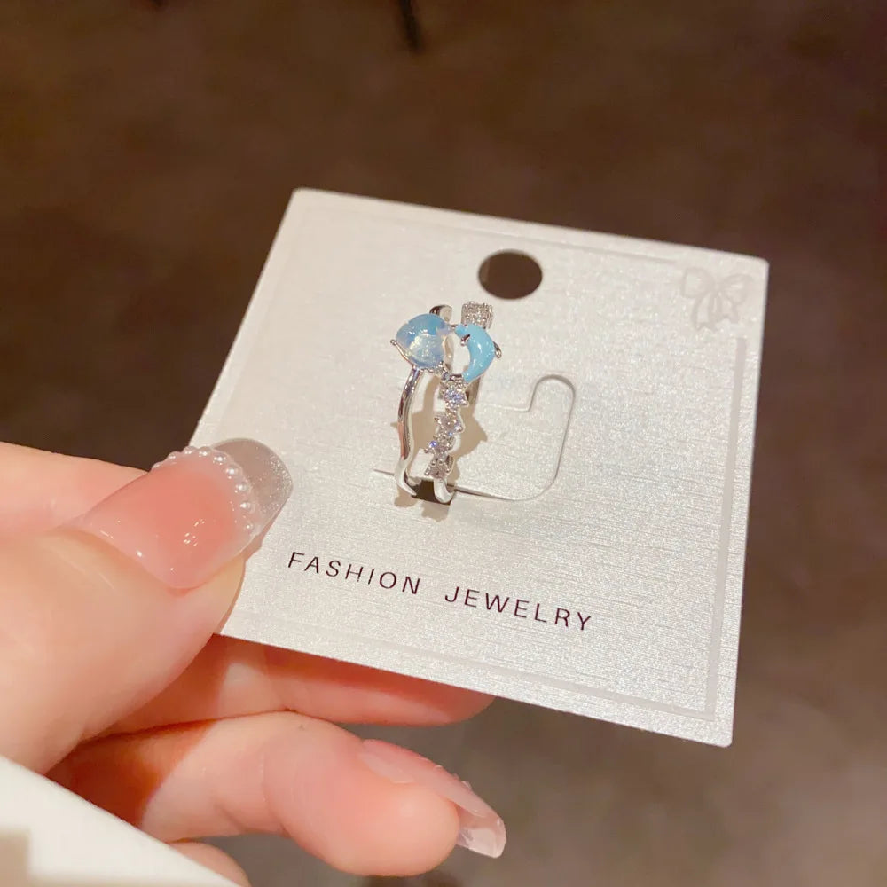 Layered Look Ring Aquatic Charm Sky Blue Hue Clear Heart