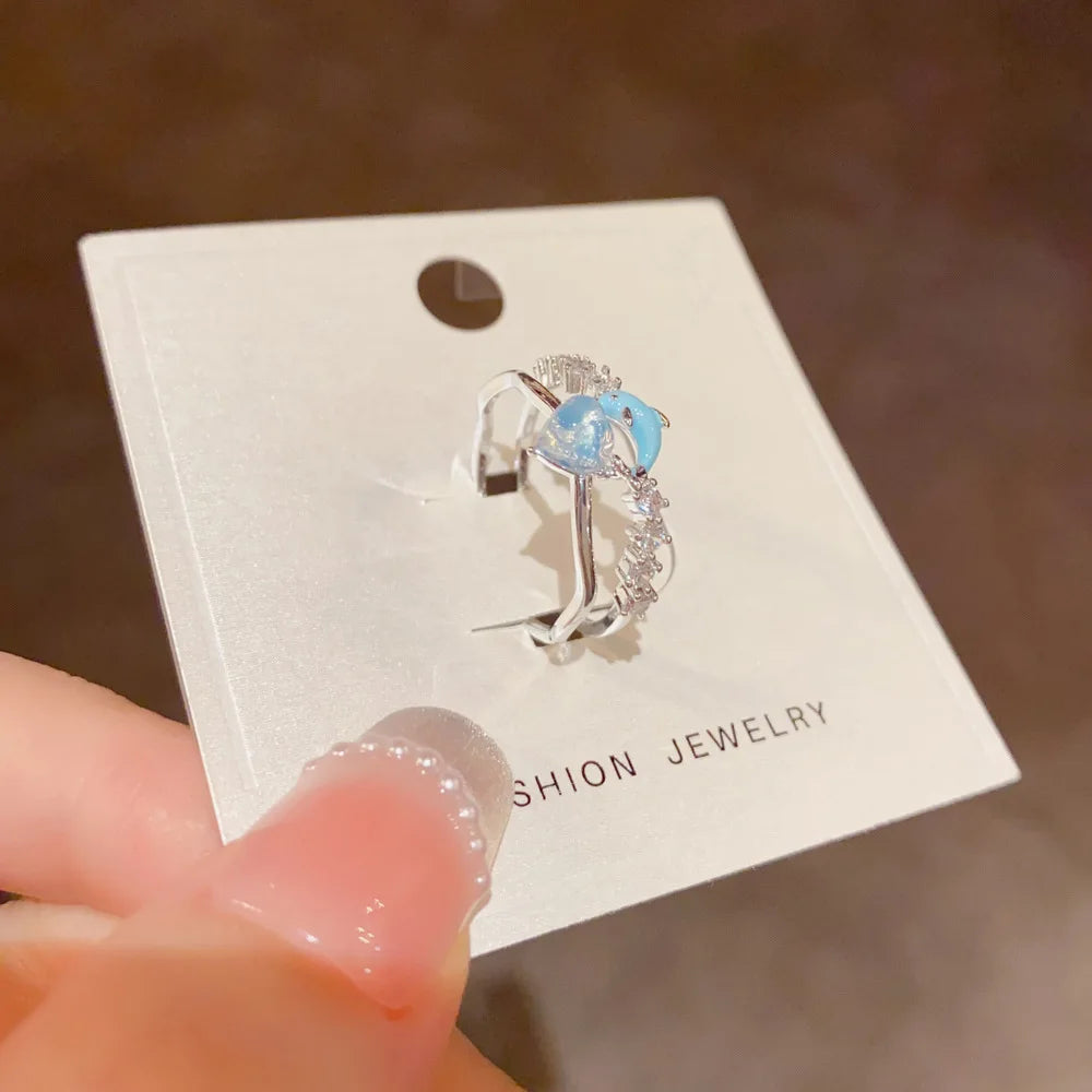 Layered Look Ring Aquatic Charm Sky Blue Hue Clear Heart
