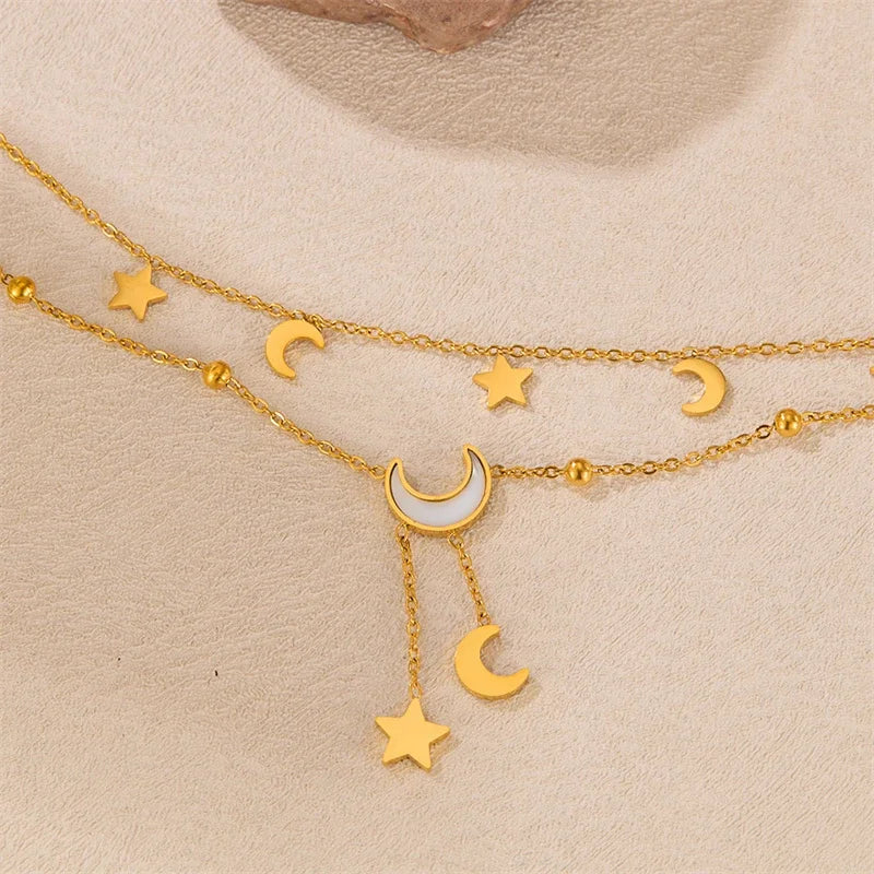 Stainless Steel New Fashion Jewelry Summer Beach Style Seashells Stars Moon Charm Beading Anklets Chain