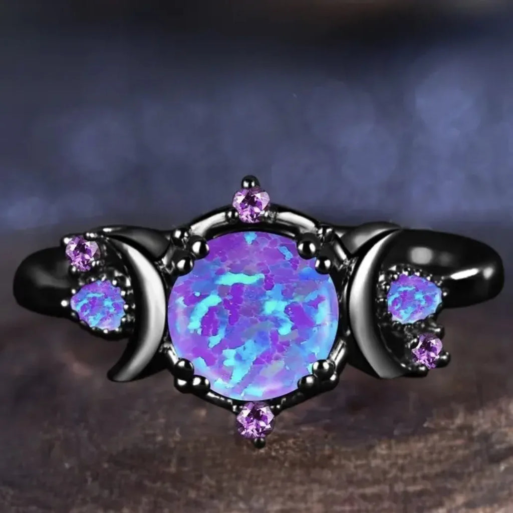 Fashion Female Round Purple Imitation Fire Opal Black Rings