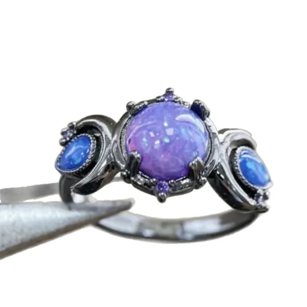 Fashion Female Round Purple Imitation Fire Opal Black Rings