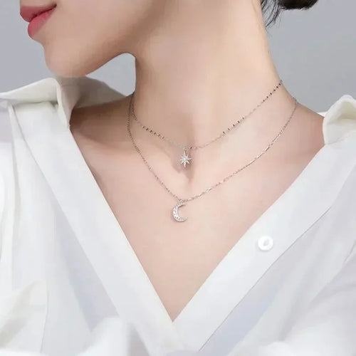 Silver Color Double Layer Star Moon Necklace