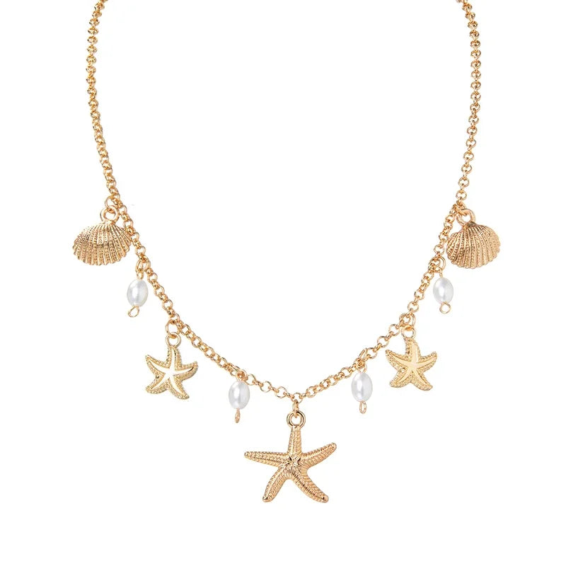 Starfish Pendant Shell Imitation Pearl Tassel Beach Element Alloy Necklace