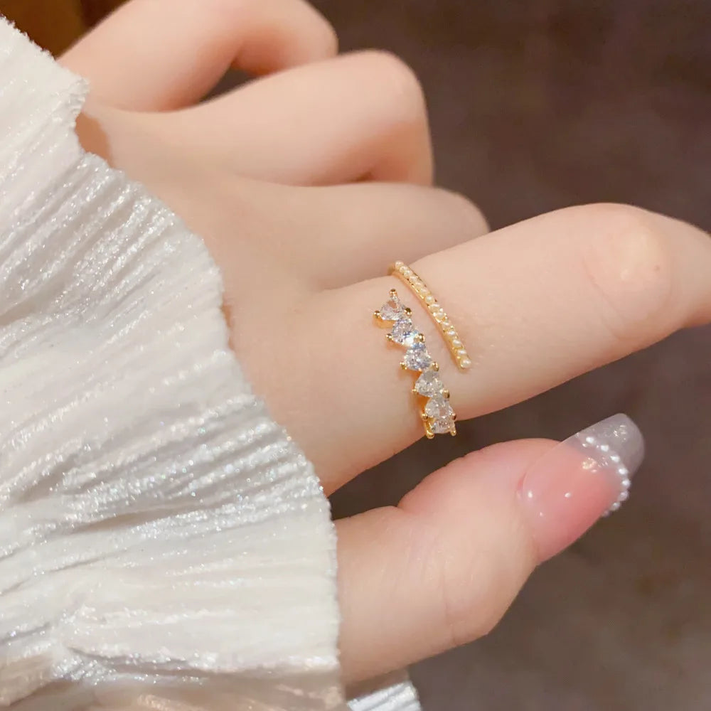 Minimalist Open Adjustable Finger Ring Tiny Pearl Row Heart Shaped