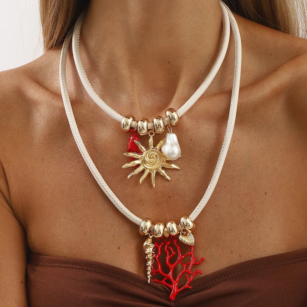 Vibrant Red Coral Branch Pendant Necklace Double Layer White Cord Sun Pearl Choker Mediterranean Style Summer Jewelry