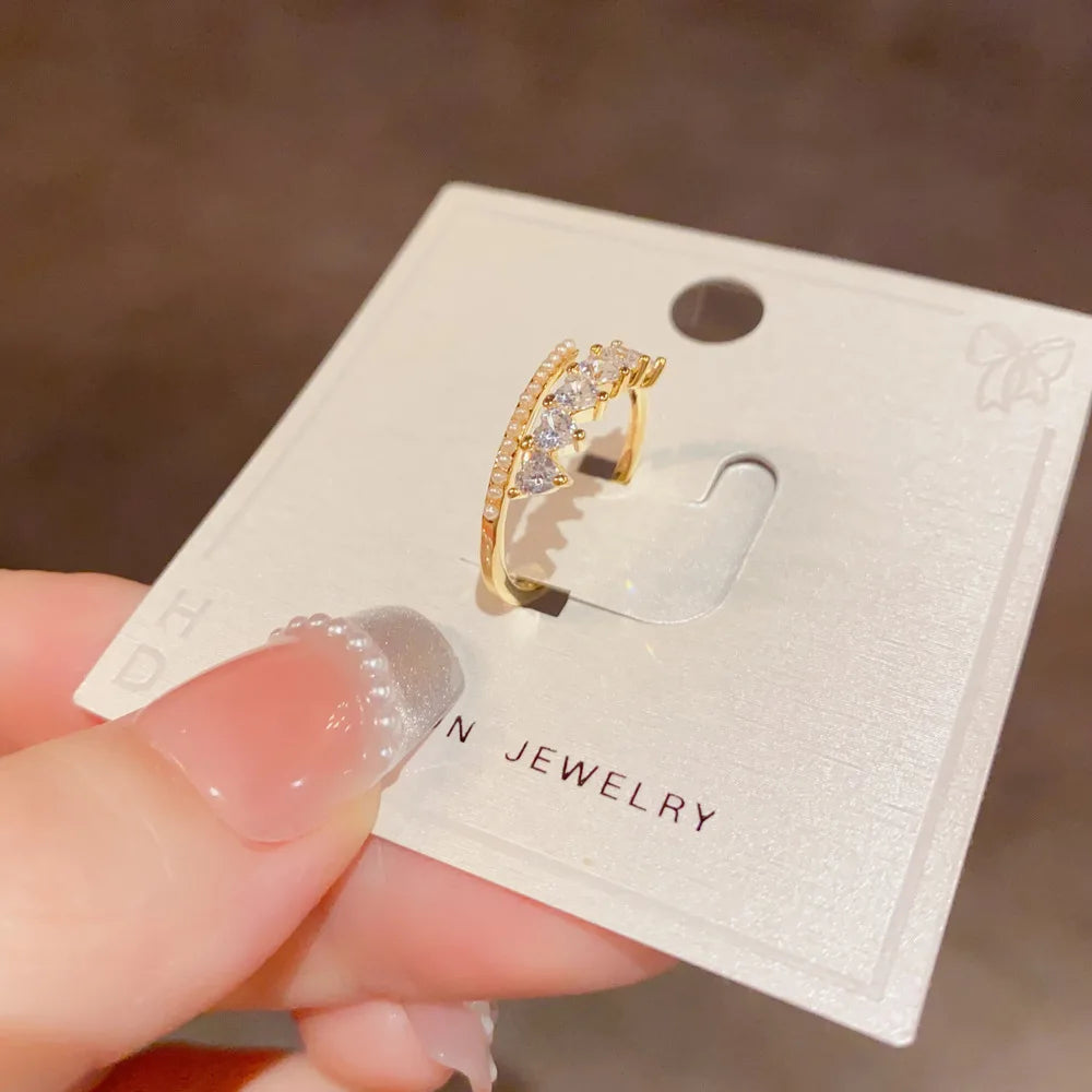 Minimalist Open Adjustable Finger Ring Tiny Pearl Row Heart Shaped
