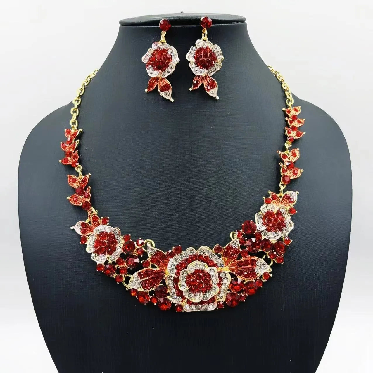 Exaggerated Flower Necklace Earring Set Sparkling Water Stone