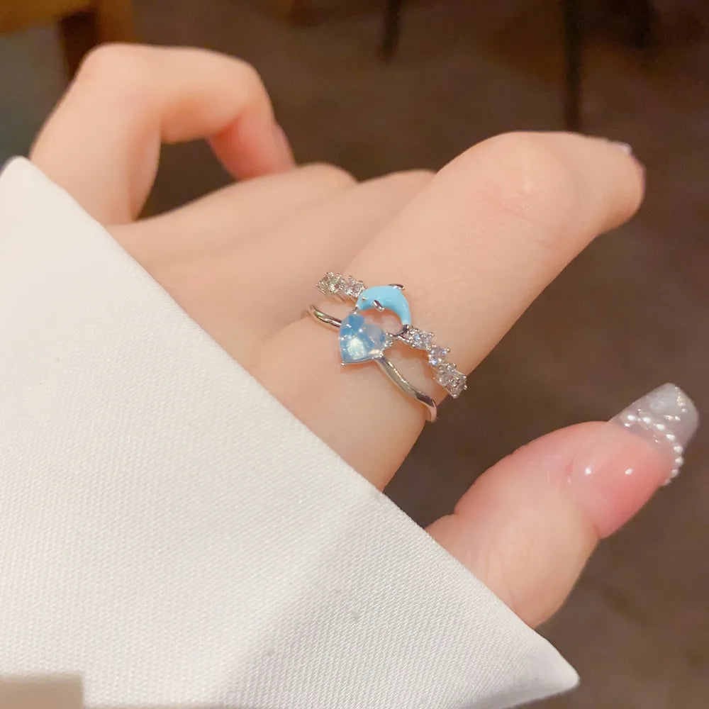 Layered Look Ring Aquatic Charm Sky Blue Hue Clear Heart