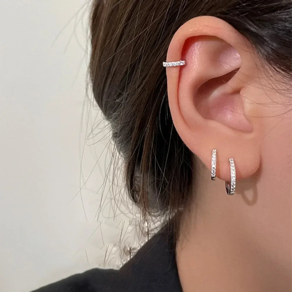 Classic Simple Silver Color Stainless Steel Zircon Hoop Earrings