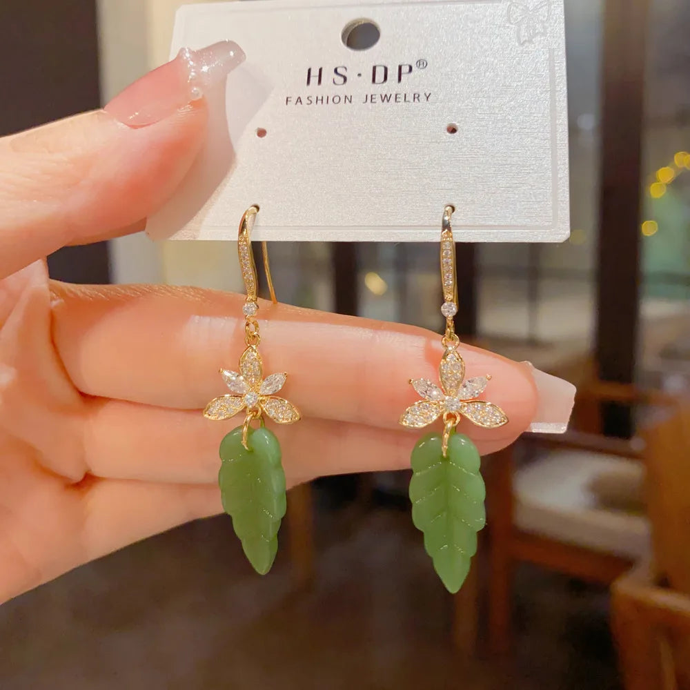 Carved Botanical Green Leaf Drop Ear Ring