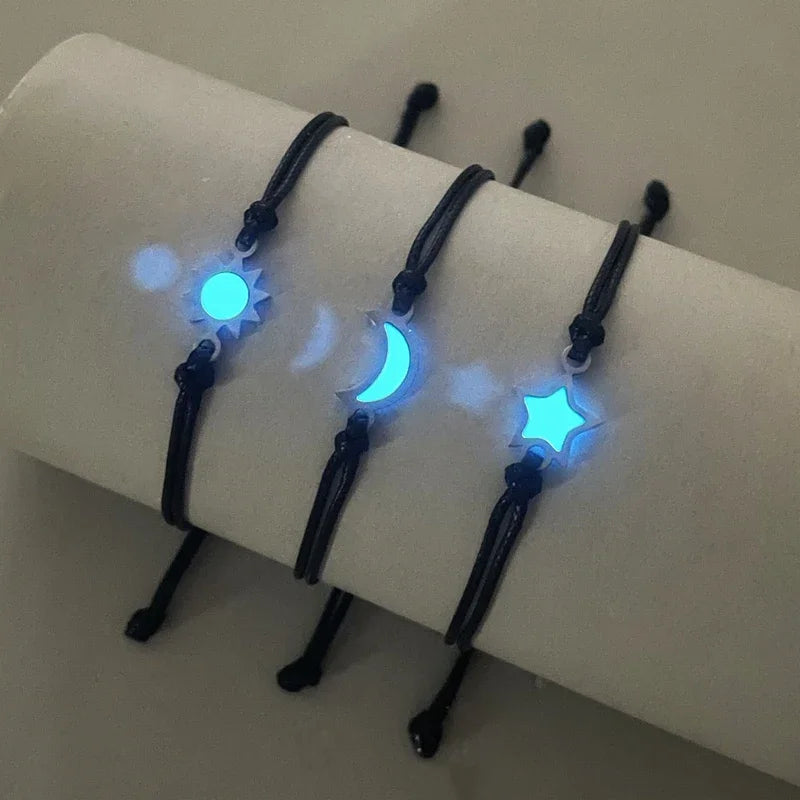 3 Pieces/set Of Stainless Steel Luminous Sun Moon Star Bracelet